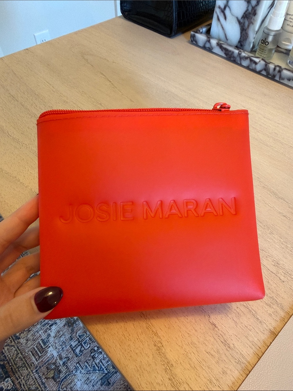 JOSIE MARAN Bright Red Embossed Zip Cosmetic Pouch